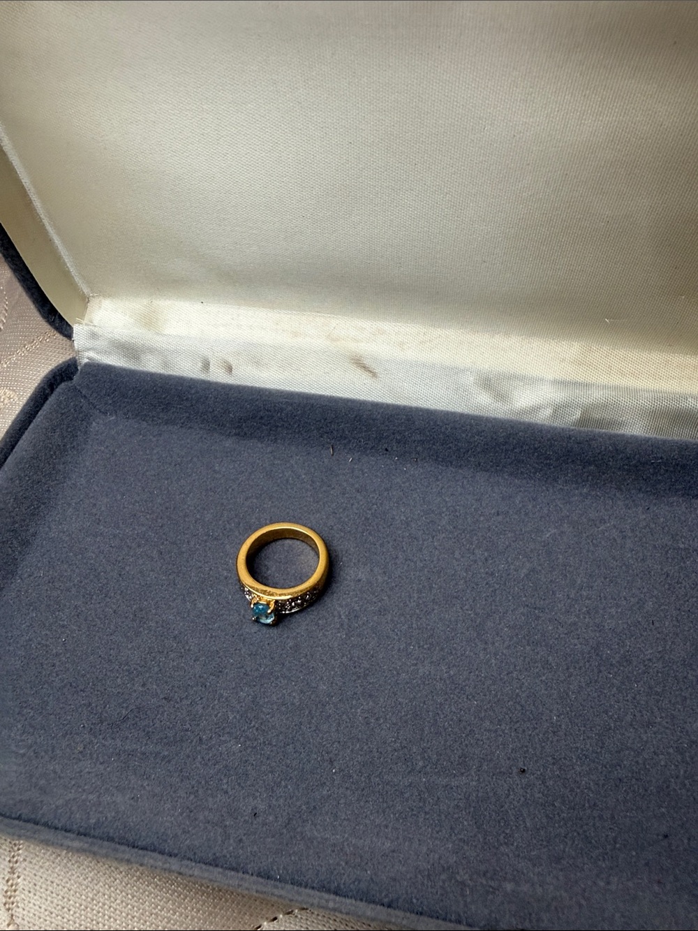 Gold-Tone Ring with Blue Gemstone and Crystal Accents vintage gold chain